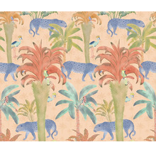 Papier peint à motif jungle avec plantes, léopards et oiseaux
