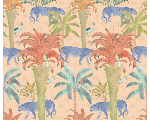 Papier peint à motif jungle avec plantes, léopards et oiseaux