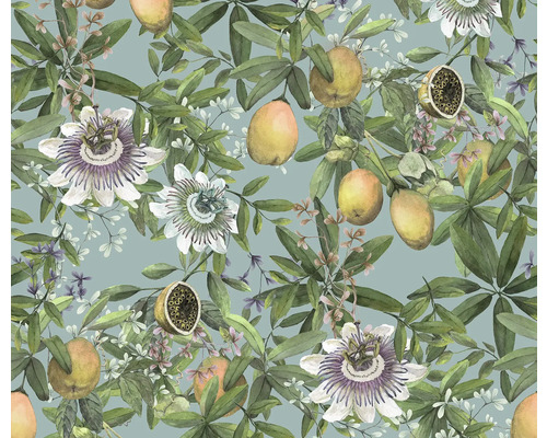 Floral gemustertes Papier mit Passionsfrucht Motiven.