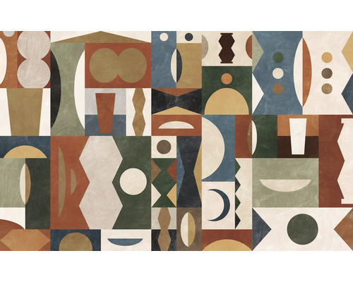 Papier peint panoramique intissé P258-VD4 Tribal Tiles 4 pces 400 x 250 cm Image murale avec des formes et motifs géométriques abstraits.