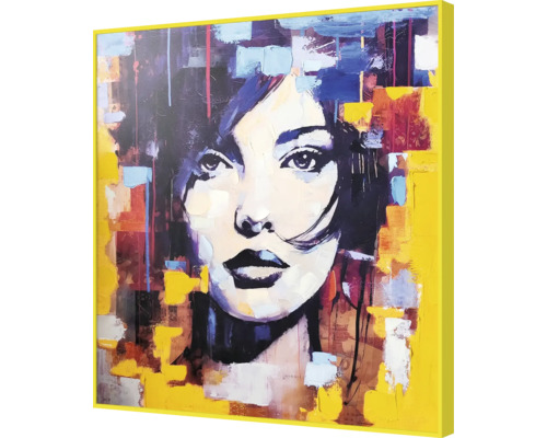 Tableau avec représentation abstraite d''un visage de femme dans un cadre jaune