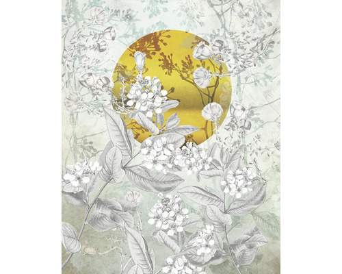 Illustration von Blättern und Blüten vor einem Kreis