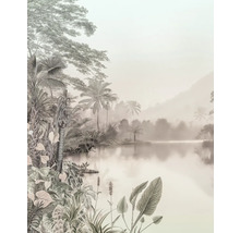 Papier peint avec un motif de paysage tropical, avec lac et plantes