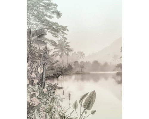 Papier peint avec un motif de paysage tropical, avec lac et plantes
