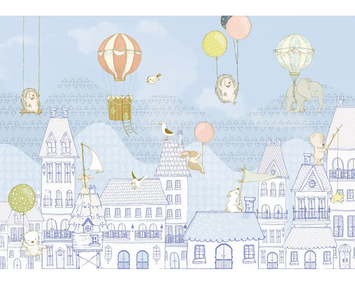 Papier peint panoramique intissé X7-1001 Rooftop Ralley 7 pces 350 x 250 cm Image murale avec maisons, animaux et montgolfières