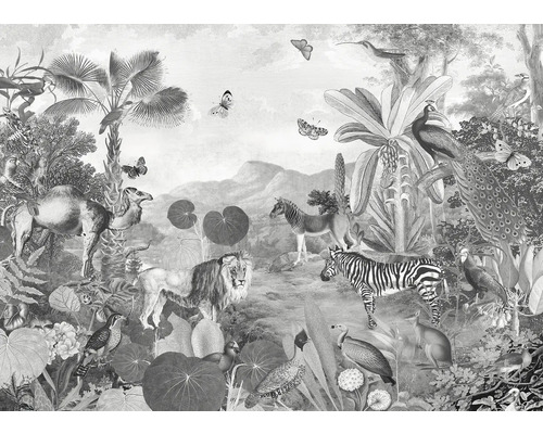 Papier peint panoramique intissé X7-1016 Flora and Fauna 7 pces 350 x 250 cm Illustration d'un paysage avec différents animaux
