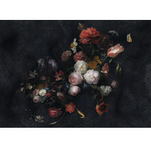 Nature morte avec bouquet de fleurs et papillons sur fond sombre