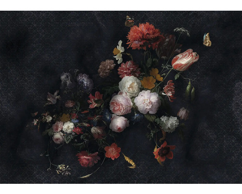 Papier peint panoramique intissé X7-1044 Amsterdam Flowers 7 pces 350 x 250 cm Nature morte avec bouquet de fleurs et papillons sur fond sombre