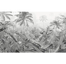 Illustration d'un papier peint de forêt tropicale avec des palmiers et de grandes feuilles.