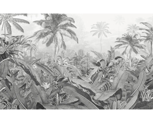 Illustration d'un papier peint de forêt tropicale avec des palmiers et de grandes feuilles.