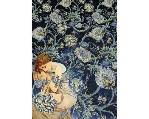 Papier peint décoratif avec motif floral et une femme endormie