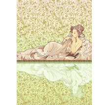 Illustration d'une femme allongée dans un lit, avec un fond décoratif