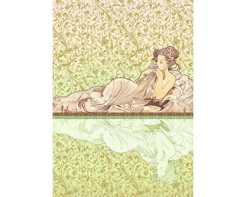 Illustration einer Frau, die in einem Bett liegt, mit dekorativem Hintergrund
