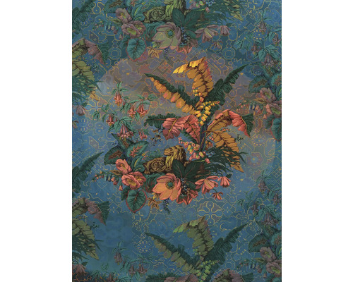 Papier peint avec des plantes, des lions et des formes géométriques