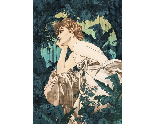 Décoration murale ornementale avec une représentation de femme et des éléments floraux