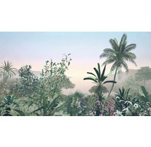 Illustration d'un paysage tropical avec diverses plantes et palmiers
