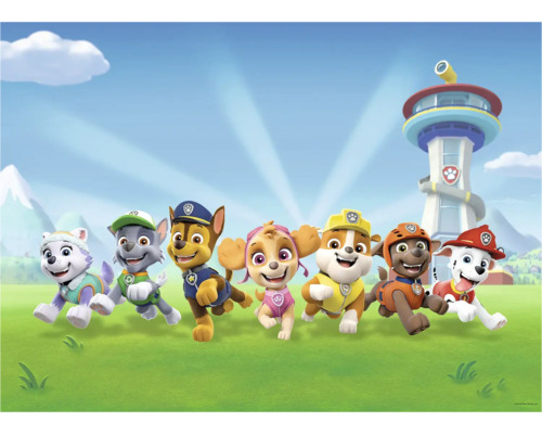 Illustration der Paw Patrol Gruppe mit dem Hauptquartier im Hintergrund
