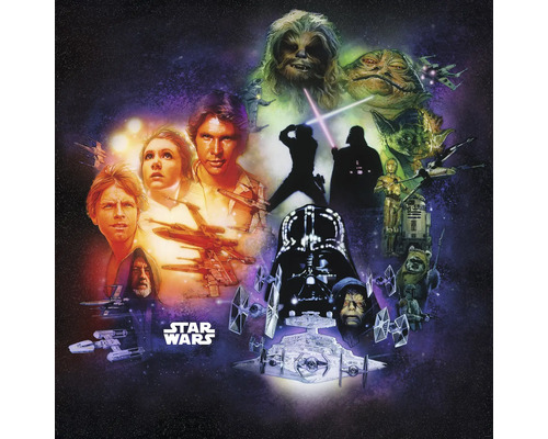 Collage Star Wars avec différents personnages et vaisseaux spatiaux