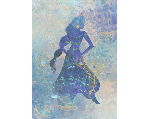 Papier peint panoramique intissé DX4-081 Disney Edition 4 Jasmin Silouhette 4 pces 200 x 280 cm Illustration d'une silhouette de femme sur fond de plumes de paon et d'une lampe à huile