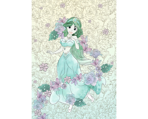 Illustration d'une figure féminine avec un motif floral en arrière-plan.