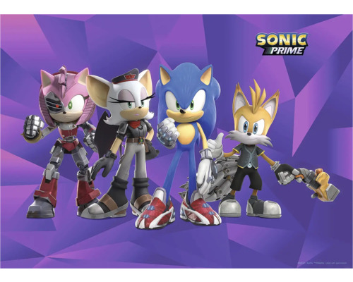 Sonic Prime Zeichentrickfiguren vor violettem Hintergrund