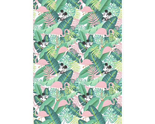 Papier peint panoramique intissé DX4-005 Disney Edition 4 Minnie Tropical 4 pces 200 x 280 cm Motif avec des feuilles tropicales, des flamants roses et Mickey Mouse