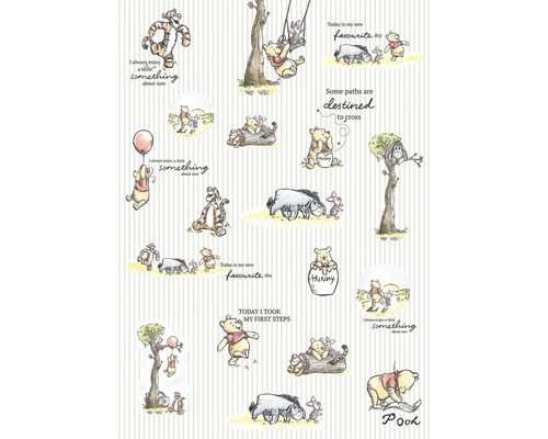 Papier peint panoramique intissé DX4-001 Disney Edition 4 Winnie l'Ourson Stripes 4 pces 200 x 280 cm Illustration de Winnie l'ourson et ses amis sur un fond rayé