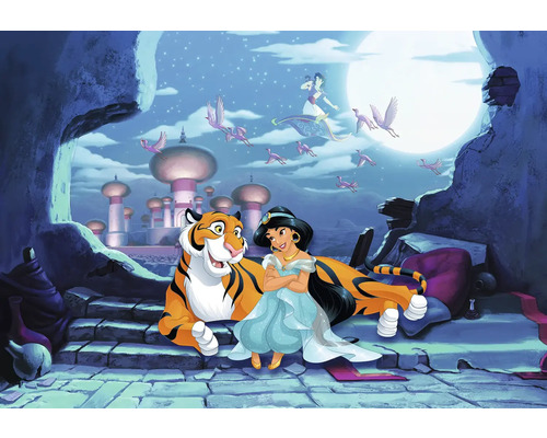 Papier peint panoramique papier 8-4115 Disney Edition 4 Waiting for Aladdin 8 pces 368 x 254 cm Scène d'Aladdin avec Jasmine, un tigre et un tapis volant devant la lune