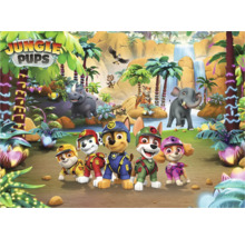Jungle Pups Illustration mit Welpen, Dschungeltieren und tropischer Landschaft.