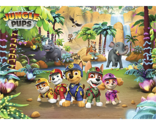 Jungle Pups Illustration mit Welpen, Dschungeltieren und tropischer Landschaft.
