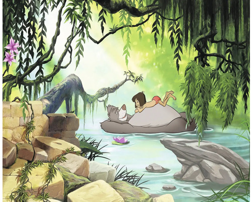 Papier peint panoramique papier 8-4106 Disney Edition 4 Jungle book swimming Baloo 8 pces 368 x 254 cm Scène de jungle avec Mowgli allongé sur Baloo l'ours, entouré d'une végétation luxuriante et d'eau