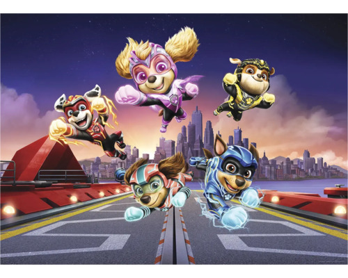 Paw Patrol Superhelden im Flug vor einer Stadtkulisse