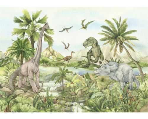 Illustration mit Dinosauriern in einer Dschungellandschaft