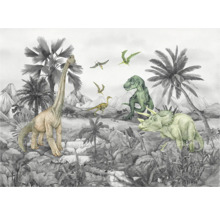 Illustration einer Dinosaurierszene mit verschiedenen Dinosaurierarten und tropischer Vegetation