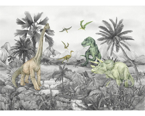 Illustration einer Dinosaurierszene mit verschiedenen Dinosaurierarten und tropischer Vegetation