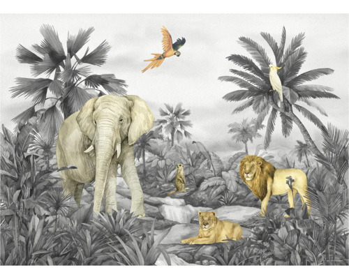 Illustration einer Dschungelszene mit Elefant, Löwen, Erdmännchen, Papagei und Kakadu unter Palmen