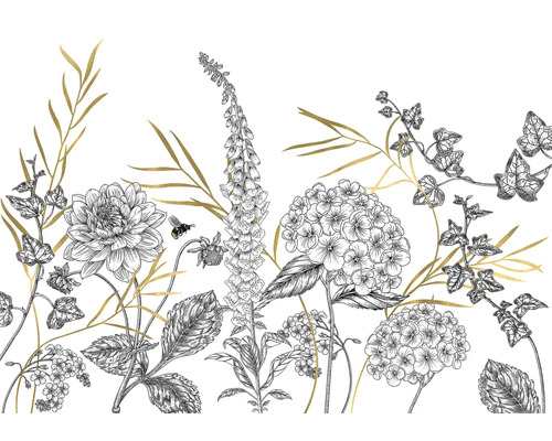 Papier peint décoratif avec motif floral de dahlias, de digitales et d'hortensias