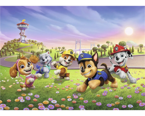 Illustration der Paw Patrol Charaktere in einer Landschaft mit Turm