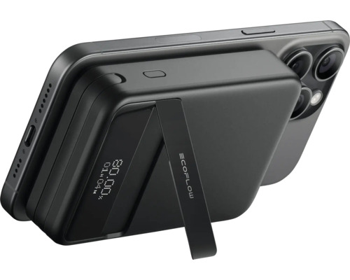 Batterie externe magnétique noire sur smartphone avec logo EcoFlow