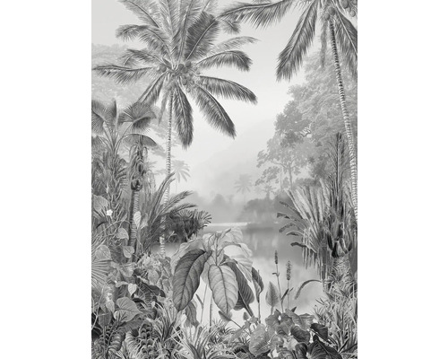 Illustration einer tropischen Landschaft mit Palmen und üppiger Vegetation
