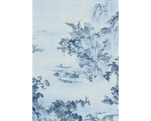 Tapete mit chinesischer Landschaft, inklusive Bergen, Bäumen, Wasserfällen und Booten