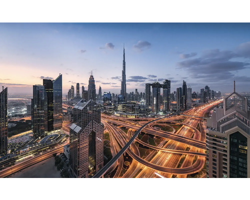 Papier peint panoramique intissé SHX9-119 Lights of Dubai 9 pces 450 x 280 cm Horizon de Dubaï avec des gratte-ciel et des autoroutes illuminées au crépuscule