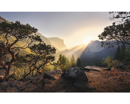 Papier peint panoramique intissé SHX9-101 Yosemites Secret 9 pces 450 x 280 cm Paysage avec montagnes, arbres et lever de soleil