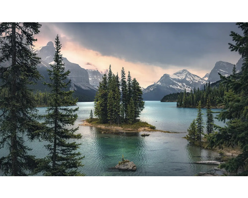 Papier peint panoramique intissé SHX9-081 Spirit Island 9 pces 450 x 280 cm Paysage avec lac, île, arbres et montagnes
