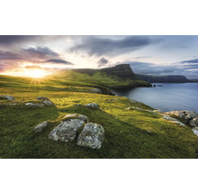 Paysage avec collines, herbe et mer