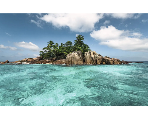 Papier peint panoramique intissé SHX9-078 Île au trésor 9 pces 450 x 280 cm Île tropicale avec rochers et palmiers dans une mer turquoise