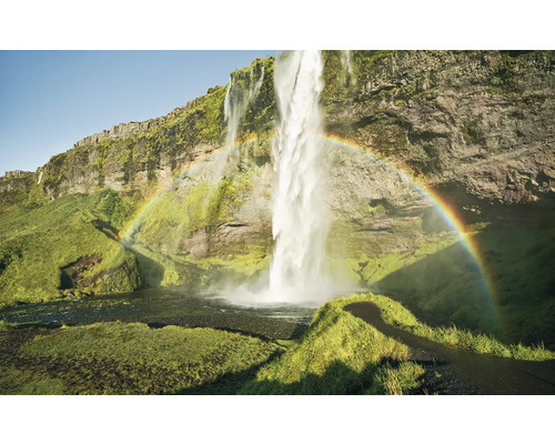 Papier peint panoramique intissé SHX9-072 Power of Iceland 9 pces 450 x 280 cm Cascade avec arc-en-ciel dans un paysage verdoyant