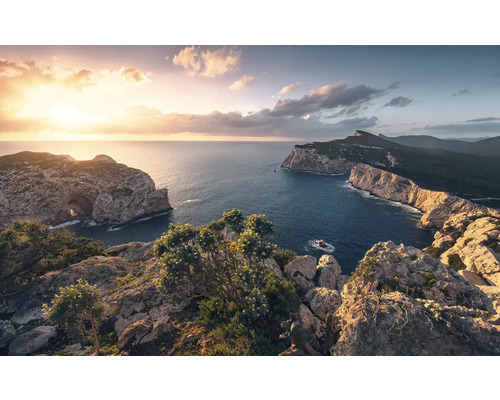 Papier peint panoramique intissé SHX9-057 Spectacle méditerranéen 9 pces 450 x 280 cm Paysage côtier rocheux avec vue sur la mer au lever du soleil