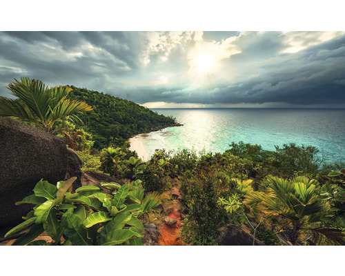 Papier peint panoramique intissé SHX9-036 Jardin d'Eden 9 pces 450 x 280 cm Paysage tropical avec vue sur la mer, plage et végétation