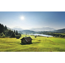 Paysage avec prairie, lac et cabanes en bois